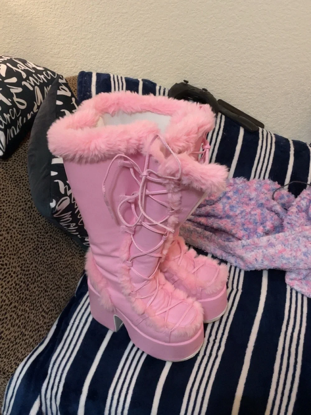 Demonia Pink Faux Fur Lace-Up Platform Boots